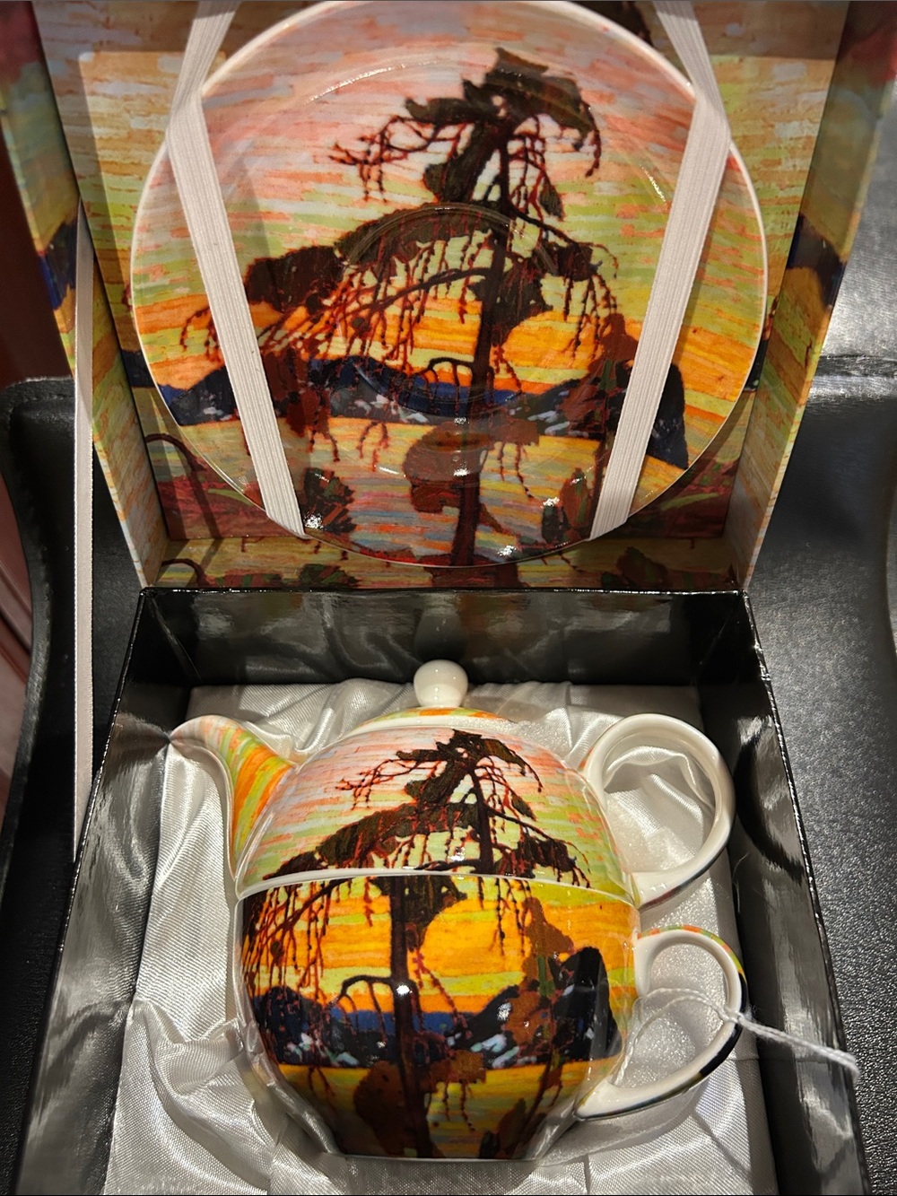 Thompson Sunset Tree Teapot and Saucer - Orange, Yellow, Green